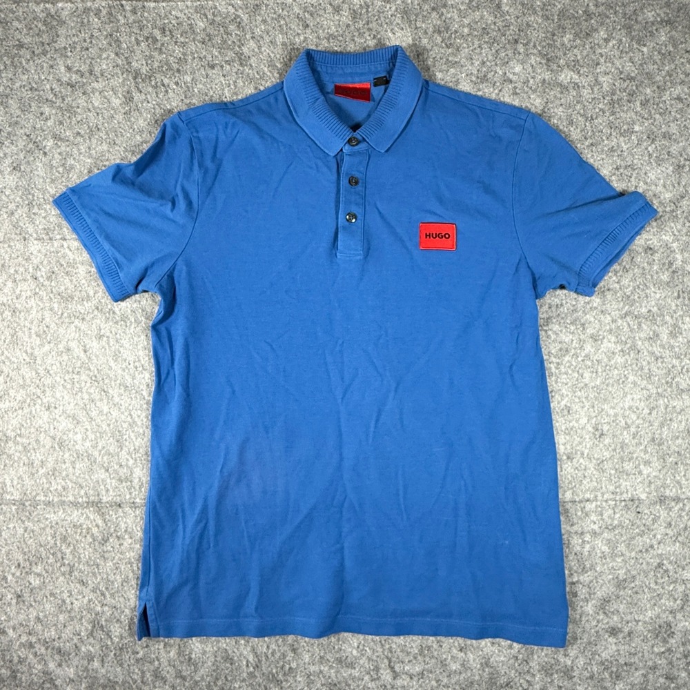 HUGO Polo Shirt Mens Medium Blue Slim Fit Red Logo Patch Short Sleeve Pique Boss